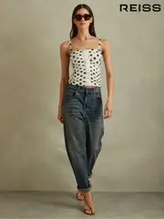 Reiss White/Black Remie Viscose Linen Polka Dot Ruched Strapless Top (B94608) | $295