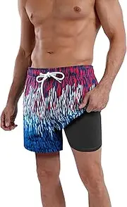 [QRANSS] Mens Swim Trunks Compression Liner Quick Dry 5.5'' Swimwear Swim Shorts with Boxer Brief Lined