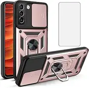 Asuwish Phone Case for Samsung Galaxy S22 5G with Slide Camera Cover and Tempered Glass Screen Protector Hard Stand Ring Holder Hybrid Cell Accessories Gaxaly S 22 22S G5 Mobile Slim Women Men Red