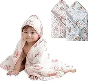 usbettas Muslin Baby Hooded Towel - 2 Pack Baby Towels, Ultra-Soft & Absorbent Bath Towel with Original Design, for Newborn & Infant (Peach & Watermelon, 32" x 32")