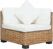 vidaXL Natural Rattan Corner Sofa with Cushions and Pillow - Brown & Cream, Mahogany and Mango Wood Legs