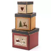 Set of 3 Primitive Wintry Christmas Paper Mache Nesting Boxes