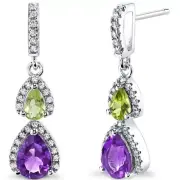 Amethyst and Peridot Open Halo Earrings Sterling Silver 2 Stone 1.50 Carats Tota
