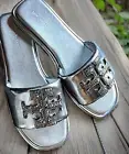 TORY BURCH DOUBLE T SPORT SLIDE CRYSTAL LOGO METALLIC SILVER LEATHER SZ US 7 NIB