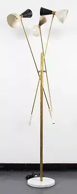 Midcentury Stilnovo Style Italian Floor Lamp Three-Arm Brass and Marble Black