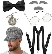 1920s Gangster Costume Men,1920s Mens Costume Fedora Hat, Vintage Pocket, Pre Tied Bow Tie | Mens Costume Accessories for and