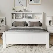 Artiss Double Bed Frame with 5 Grid Storage Bookshelf Headboard, Wooden Bed Base with 29CM Under Storage, Solid Platform Bedframe, No Box Spring Needed for Guest Room, Bedroom Furniture, Easy Assembly