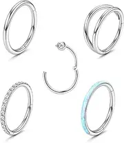 [Kakonia] 5Pcs 18G 16G Surgical Steel Nose Rings Hoop for Women CZ Opal Septum Hinged Clicker Segment Lip Rings Helix Cartilage Hoop Earring Rook Daith Seamless Body Piercing Rings for Women Men 8mm 10mm