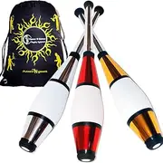Juggle Dream Euro Pro Juggling Clubs Set of 3 (Silver/Red/Gold) Juggling Clubs Training Set + Flames N Games Travel Bag Large Club Juggling Set for Children and Adults