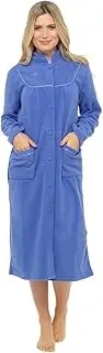 [Lady Olga] Ladies Warm Fleece Long Sleeve Button & Pockets Front Soft Dressing Gown Jacket, Dark Blue, 10-12