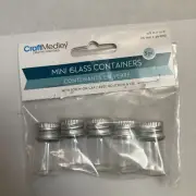 5pc Crafter’s Square MINI GLASS CONTAINERS JARS Silver Tone Lid 16mm x 30mm