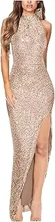 [bawilom] Womens Sparkle Sequin Dress Sexy High Slit Halter Neck Prom Wedding Guest Bodycon Dress Formal Evening Gown Dress