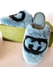 GUCCI Interlocking G Faux Fur Mules Sandals Slippers Flats Eur 37 / US 7