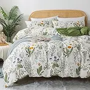Zusbest Floral Duvet Cover King 100% Percale Cotton Botanical Garden Flower Printed Bedding Reversible Green Yellow Leaves Pattern Comforter Covers French Country Bedding Soft 3Pcs-Not Comforter
