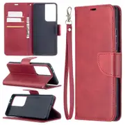 For Samsung Galaxy S21 Ultra Case Lambskin Texture Folio PU Leather Wallet Cover, Kickstand, Lanyard, Red