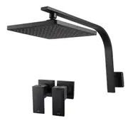 WELS Black Square 8'' ABS Plastic Rainfall Shower Head Gooseneck Wall Arm Set Twin Taps