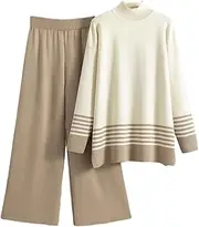 [Generic] Women Half High Collar Sweater Set Spring Clothes Contrasting Color Splicing Pants 2 Piece Sets Womens Outfits
