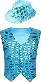 [Linjinx] Kids Boys Girls Sequins Waistcoat Jacket Vest Hiphop Jazz Latin Dance Tops With Hat Performance Costume