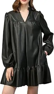 [EZAPINE] Women Faux Leather Mini Dress Mock V Neck Puff Lantern Long Sleeve Ruffle Tiered Casual Shift Short Dress