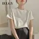 IELGY 白色前肩T恤女短袖設計感小眾純色簡約上衣