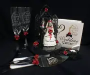 Day of the DEAD Halloween Wedding Cake Topper LOT Glasses server Set Halloween