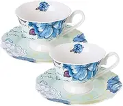 Eileen's Reserve Bone China 4-Piece Tea Cup and Saucer Set, Blue Peony, Set of 2