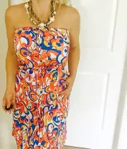 PAUL FRANK TROPEZ STRAPLESS DRESS MULTI PRINT RAYON SUMMER BEACH SZ S New