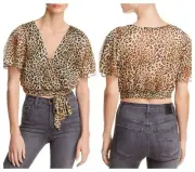 AQUA CHIC LEOPARD PRINT FAUX WRAP CROPPED BLOUSE TOP Sz S $ 58