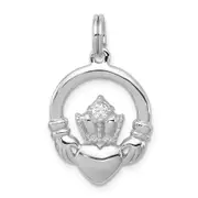 Sterling Silver Rhodium-Plated Cz Irish Claddagh Pendant