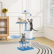 Costway137cm Tall Modern Cat Tree Tower with Sisal Scratching Posts and Dangling Ball-Blue