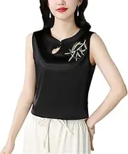 [Generic] Women Spring Summer Tops Satin Camisole Slim Fit Sleeveless Retro Embroidered Vest Shirt