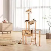 Petzly 143CM Modern Cat Tree Tower, Sturdy Wooden Structure for Large Cats, Heavy-Duty Cat Furniture with Sisal Scratching Post, Ladder, and Clear Bowl, Multi-Level Indoor Cat Activity Tower