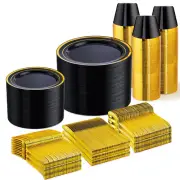 600 PCS Black and Gold Disposable Dinnerware Set for 100 Guests, Gold rimmed ...
