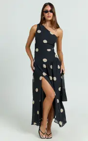 Darlynne Midi Dress - One Shoulder Dress in Black Polkadot