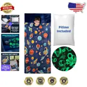 Extra Soft Kids Sleeping Bag with Pillow Pocket - Glow-in-the-Dark Space Theme