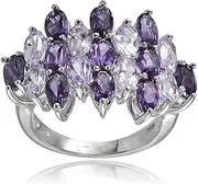 [Ice Gems] Sterling Silver Genuine African Amethyst and Amethyst Oval-Cut Cluster Ring