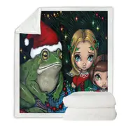 Cute Holiday Christmas Painting Girls and Santa Frog Throw Blanket