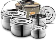 Camping Cookware Set - Compact Stainless Steel Campfire Cooking Pots and Pans | Combo Kit with Travel Tote Bag | Rugged Outdoor Cook Set for Hiking | Barbecues | Beach | Hiking Gear