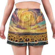 [RPLIFE] Sunflower Field Swirling Sky Women Pajama Shorts, Cute Women Shorts with Pockets S-XXL