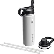ThermoFlask Bottle with Chug Lid & Straw Lid - Insulated Stainless Steel Water Bottle with Leak-Proof Lids - Dishwasher-Safe Reusable Bottle & Lids - Durable Bottle, 2 Straws & 2 Lids - 24 oz, White