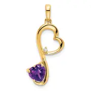 Solid 14k Yellow Gold Simulated Amethyst and CZ Heart Pendant