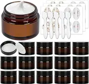 15 Pack 1 oz 30ml Empty Amber Glass Jars, Round Cosmetic Container Storage Jars with White Inner Liners and Black Lids for Face Cream Lotion