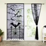 Halloween Black Bat Spider Curtains for Doorway Decoration Sheer Lace Short
