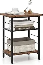 Giantex 3-Tier Industrial Side Table, Metal Frame Bedside Table w/Adjustable Mesh Shelf, Narrow End Table w/Storage, Slim Wooden Top Side Table, Home Free-Standing Organizer for Bedroom, Living Room
