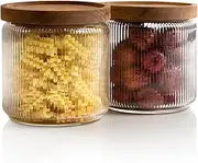 Mason & Fable Ribbed Glass Storage Jars with Airtight Wood Lids -1.25L, Set of 2- Stackable Food Canisters for Pasta, Flour, Cereal/Coffee -Ideal for Kitchen, Pantry/Bathroom Organization