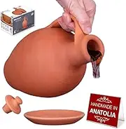 Hakan Anadolu Natural Clay Water Pitcher Set | Unglazed Terracotta Water Carafe & Plate | Traditional Small Mud Jug | Pottery Jar for Drinking Water | Small | 1.6 qts, 2109-H9333-ANADOLUPITCHER-S