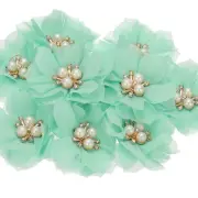 2.36 Inch Rhinestone Chiffon Flower, 10 Pcs Fabric Appliques, Grass Green