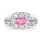 1.7ct Emerald Round Cut Halo Pink Stone Ring bridal Set 14k 2 tone solid Gold