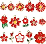[UR URLIFEHALL] 60pcs 15 Styles Enamel Spring Summer Floral Themed Red Flower Charms for Jewelry Making