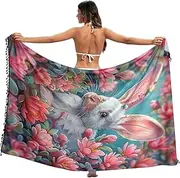 [RPLIFE] White Rabbit Pink Flowers Bathing Suit Wraps Sarongs, Summer Long Sarong Wraps for Women, Large, White Rabbit Pink Flowers, Medium